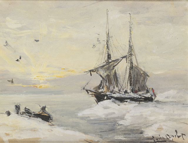 Louis Apol | De Willem Barentsz op Spitsbergen, gouache op papier, 13,2 x 17,5 cm, gesigneerd r.o.