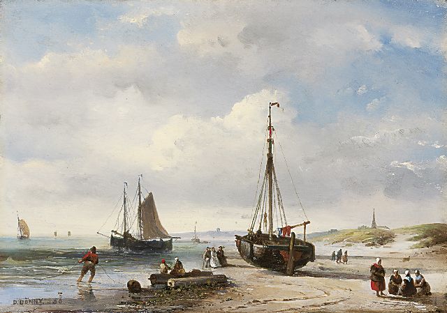 Desiré Donny | Strandgezicht met vissers en elegante wandelaars, olieverf op paneel, 19,2 x 27,6 cm, gesigneerd l.o. en gedateerd '56