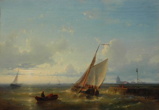 Abraham Hulk | Zeilende tjalk bij een havenhoofd, olieverf op paneel, 25,2 x 36,3 cm, gesigneerd r.o.