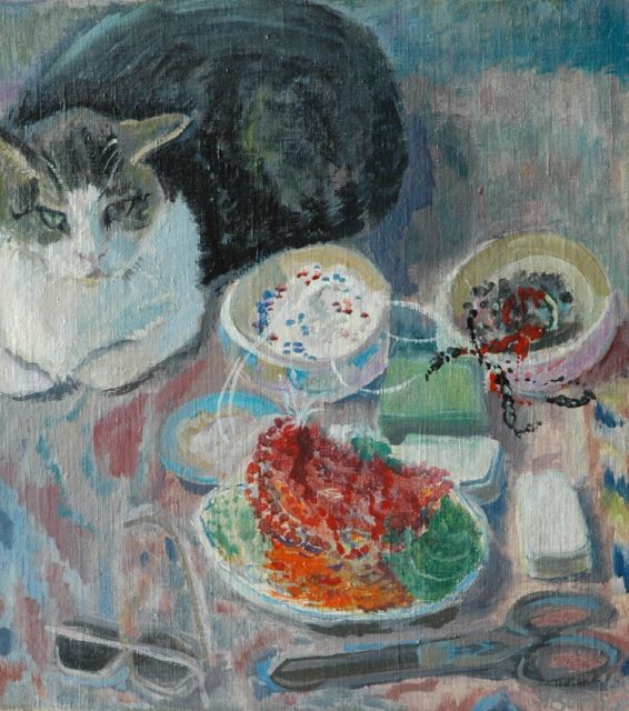 Bouman T.J.  | Stilleven met kat, olieverf op doek 49,9 x 45,0 cm, gesigneerd r.o. en gedateerd '62