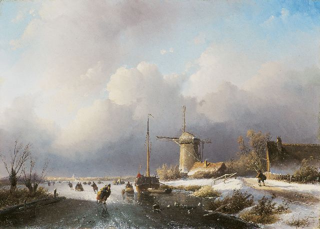 Jan Jacob Spohler | Schaatsplezier op een vaart bij een molen, olieverf op paneel, 39,2 x 55,3 cm, gesigneerd l.o.