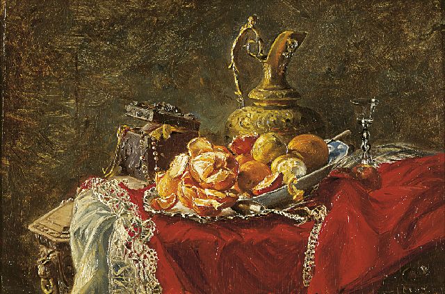 Ida Molijn | Pronkstilleven met kan en citrusvruchten, olieverf op paneel, 19,8 x 29,6 cm, gesigneerd r.o.