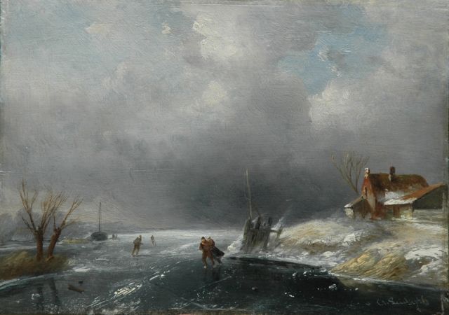 Charles Leickert | Schaatsers op bevroren rivier bij naderende sneeuwstorm, olieverf op paneel, 17,2 x 24,2 cm, gesigneerd r.o.
