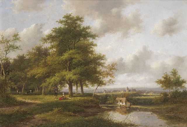 Jan Evert Morel II | Panoramisch landschap met rustend landvolk, olieverf op paneel, 35,3 x 50,9 cm, gesigneerd l.o.