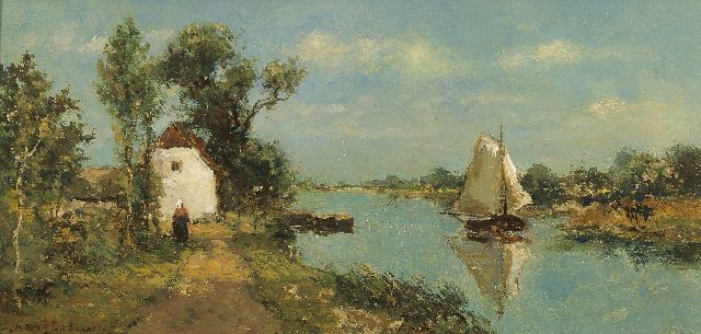 Jan Hendrik Weissenbruch | Zeilende platbodem in poldervaart, olieverf op paneel, 14,7 x 30,2 cm, gesigneerd l.o. en te dateren ca. 1889
