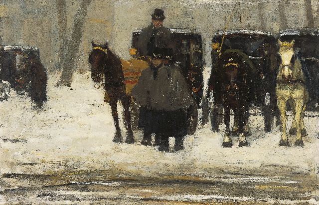 Floris Arntzenius | Huurkoetsen in de sneeuw, olieverf op paneel, 38,7 x 59,4 cm, gesigneerd r.o. en te dateren ca. 1895