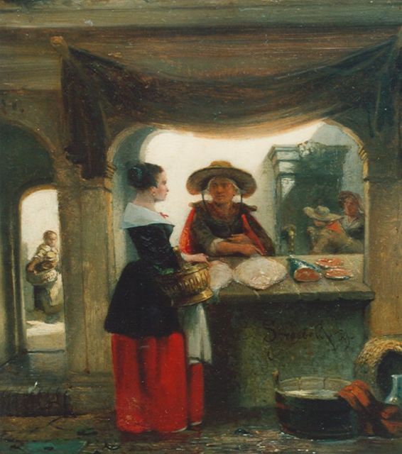 Johannes Anthonie Balthasar Stroebel | Bij de visboer, olieverf op paneel, 20,1 x 18,2 cm, gesigneerd r.v.h.m. en gedateerd '59