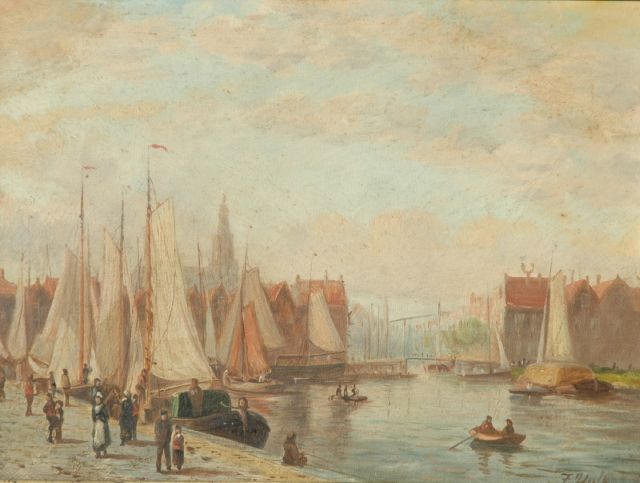 Johannes Frederik Hulk | Afgemeerde zeilschepen aan een kade, olieverf op doek, 23,0 x 31,0 cm, gesigneerd r.o.