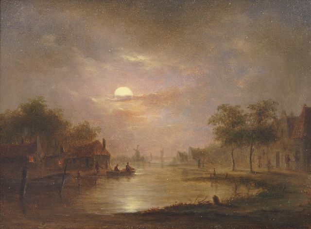 Bernardus Hagedoorn (Toegeschreven aan) | Rivierlandschap bij maanlicht, olieverf op paneel, 16,2 x 21,4 cm