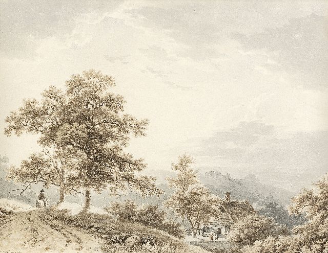 Barend Cornelis Koekkoek | Reiziger te paard in heuvelachtig landschap, sepia en gewassen inkt op papier, 21,2 x 27,4 cm, gesigneerd l.o. en te dateren ca. 1833-1840