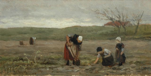 Philip Sadée | Het nalezen van het aardappelveld, olieverfschets op papier op paneel, 15,8 x 31,0 cm, gesigneerd l.o. monogram en gedateerd 1872