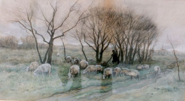 Anton Mauve | Schaapherder met zijn kudde, aquarel op papier, 33,0 x 58,7 cm, gesigneerd r.o.