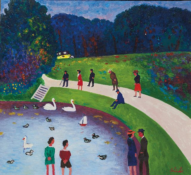 Ferry Slebe | Een zonnige dag in het park, olieverf op paneel, 50,0 x 55,0 cm, gesigneerd r.o.
