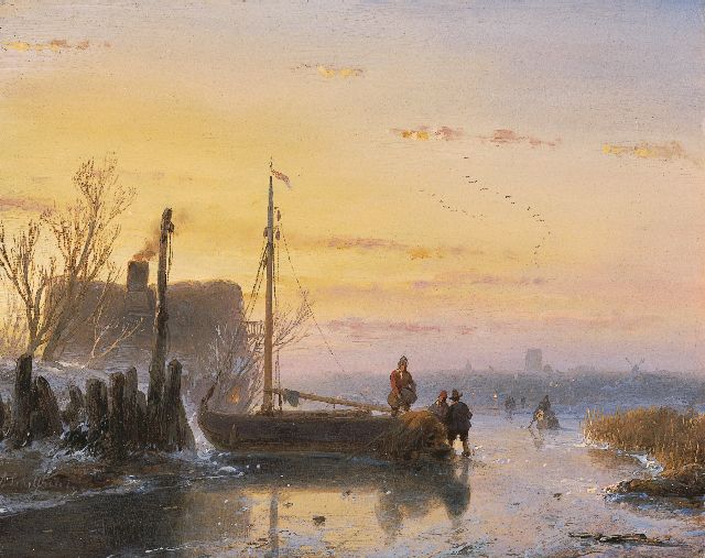 Andreas Schelfhout | Schaatsers bij een ingevroren vissersschuit, olieverf op paneel, 15,1 x 19,1 cm, gesigneerd l.o. en te dateren ca. 1850