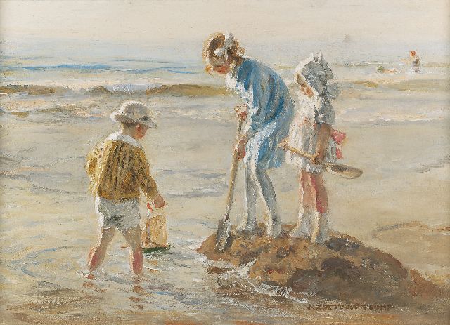 Jan Zoetelief Tromp | Spelend op het Katwijkse strand, olieverf op doek, 40,5 x 56,5 cm, gesigneerd r.o.