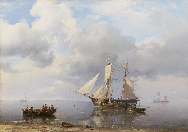 Hermanus Koekkoek | Ladende schoenerbrik voor anker bij kalm weer, olieverf op doek, 39,0 x 55,7 cm, gesigneerd l.o. en gedateerd 1849