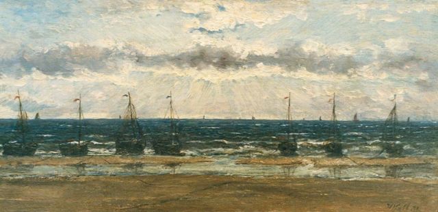 Hendrik Willem Mesdag | Bomschuiten op het strand, olieverf op doek op paneel, 13,9 x 29,0 cm, gesigneerd r.o. met initialen en gedateerd '71