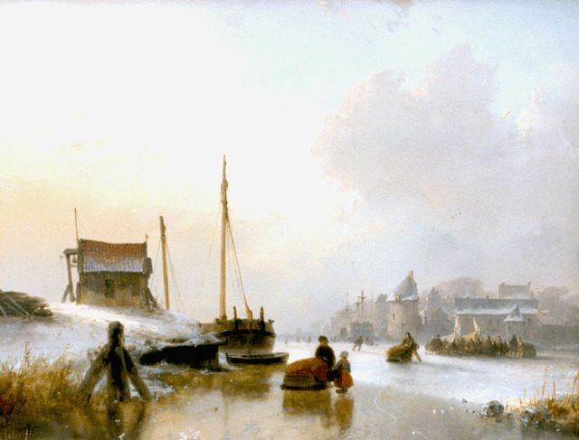 Andreas Schelfhout | Bevroren stadsgracht met schaatsers en koek en zopie, olieverf op paneel, 25,4 x 32,7 cm, gesigneerd l.o.