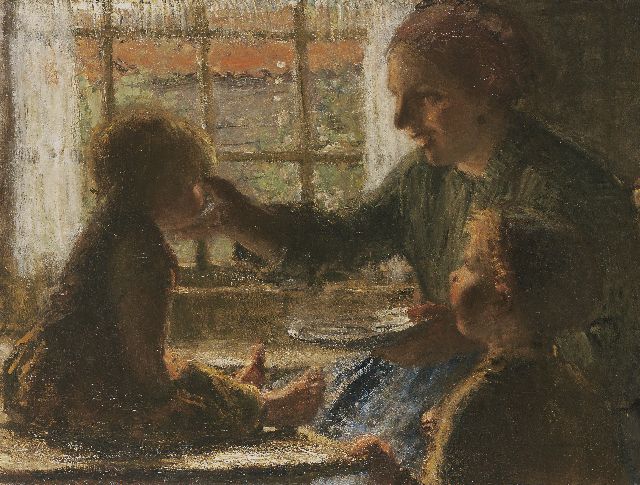 Bernard Blommers | Moeder voert een hapje, olieverf op doek, 80,3 x 106,2 cm