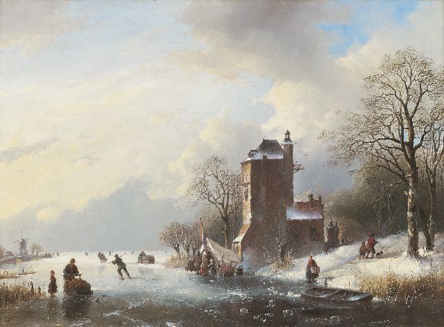 Jan Jacob Spohler | IJsgezicht met ingevroren roeiboot, olieverf op paneel, 43,0 x 58,7 cm, gesigneerd r.o. op roeiboot en gedateerd 1842