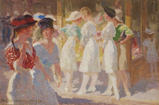 Willem Vaarzon Morel | Winkelende jongedames, olieverf op paneel, 17,7 x 26,9 cm, gesigneerd l.o.