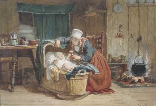 Hendrik Jacobus Scholten | Markens interieur: de jonge moeder, aquarel op papier, 20,3 x 28,7 cm, gesigneerd r.o. met initialen