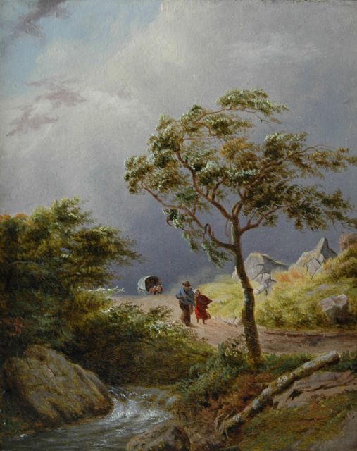 Johann Bernard Klombeck | Landvolk op een zandweg bij opkomende storm, olieverf op paneel, 15,6 x 12,6 cm