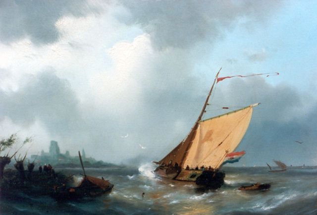 Hilleveld A.D.  | Zeilboot voor de kust, olieverf op paneel 30,5 x 46,0 cm, gesigneerd l.o. en gedateerd '57