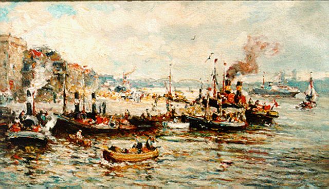 Evert Moll | Boompjes langs de Maas in Rotterdam, olieverf op doek, 60,5 x 100,7 cm, gesigneerd r.o.