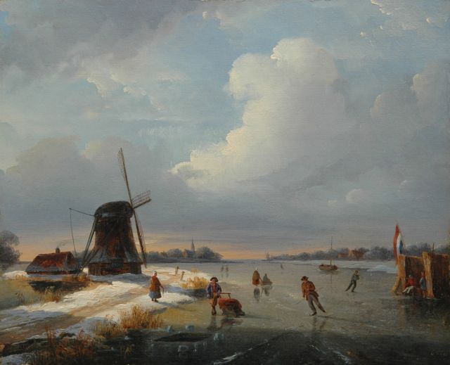 Christoffel Albertus Vos | IJspret bij een visgat en koek-en-zopie, olieverf op paneel, 27,3 x 33,6 cm, gesigneerd r.o. en gedateerd 18[..]