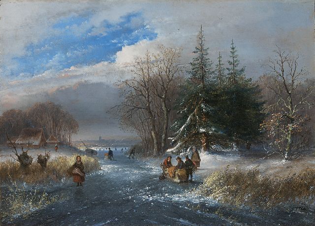 J.G. Hans | Winterlandschap met schaatsers, duwslee en houtsprokkelaarster, olieverf op paneel, 26,7 x 36,8 cm