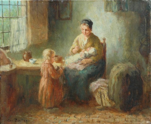 Cor Bouter | Etenstijd, olieverf op doek, 26,2 x 31,5 cm, gesigneerd l.o.