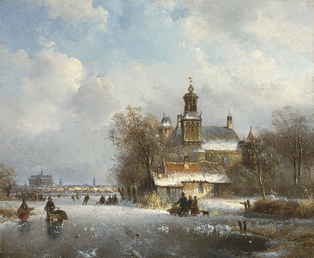 Lodewijk Johannes Kleijn | IJsgezicht met de St. Bavo Kerk in de verte, olieverf op paneel, 34,7 x 42,3 cm, gesigneerd r.o.