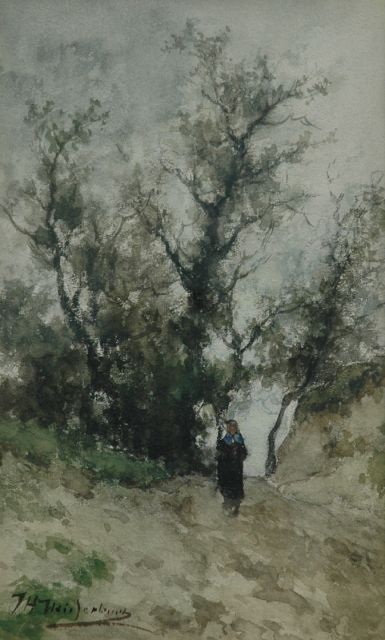 Jan Hendrik Weissenbruch | Wandelaarster in een zandverstuiving, aquarel op papier, 38,3 x 23,4 cm, gesigneerd l.o.