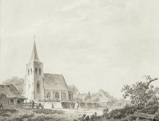 Barend Cornelis Koekkoek | Dorpskerk aan een zandpad, pen, penseel en inkt op papier, 15,5 x 19,5 cm, gesigneerd r.o.