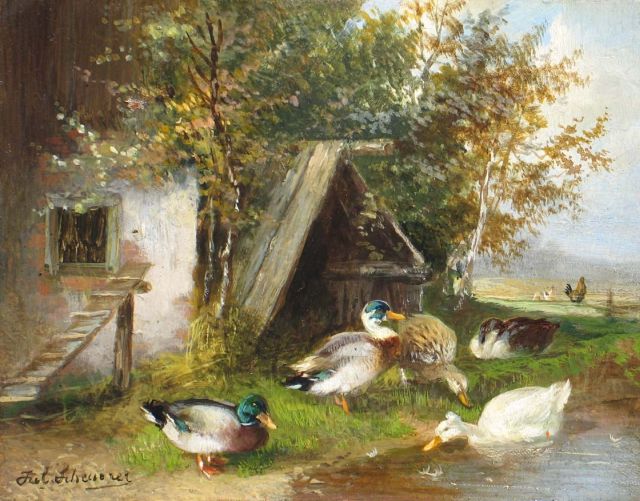 Julius Scheuerer | Eenden aan een poel (alleen tezamen met 10694), olieverf op paneel, 10,0 x 13,5 cm, gesigneerd l.o.