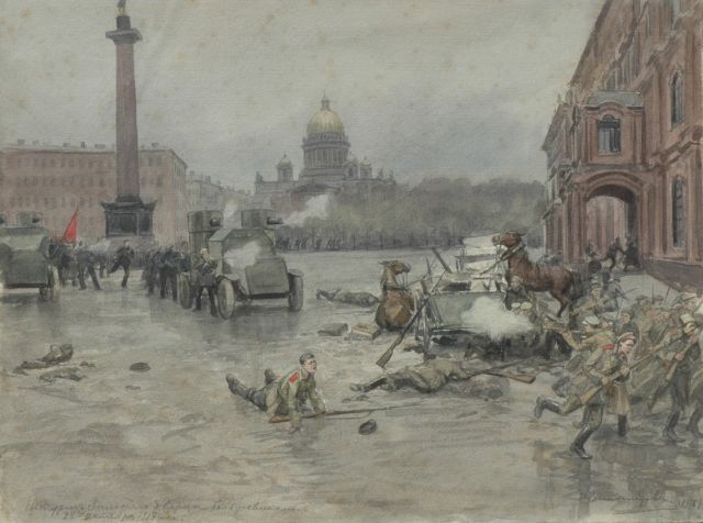 Ivan Alexejevitsj Vladimiroff | De Oktoberrevolutie van 1917, St.-Petersburg, aquarel op papier op karton, 25,7 x 34,5 cm, gesigneerd r.o. en gedateerd 1918