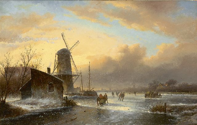 Jacob Jan Coenraad Spohler | Schaatsers en koek-en-zopie bij een molen, olieverf op doek, 44,2 x 67,8 cm