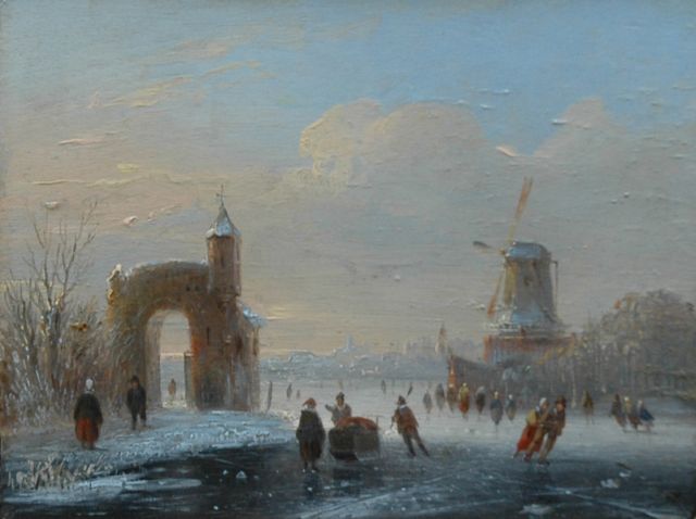 Jacobus van der Stok | Schaatsplezier, olieverf op paneel, 11,3 x 14,9 cm