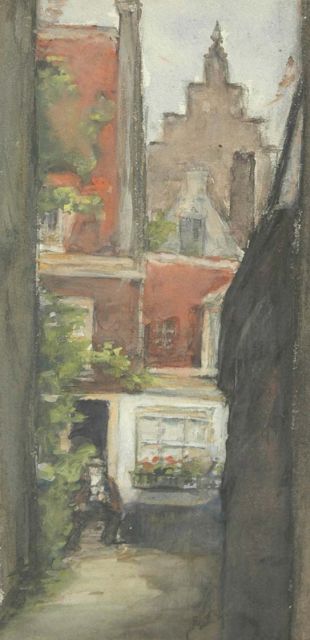 Louise Fritzlin | Binnenplaatsje, aquarel op papier, 29,6 x 14,9 cm