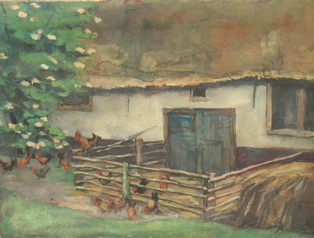Louise Fritzlin | Erfje met kippen, aquarel op papier, 14,2 x 19,1 cm