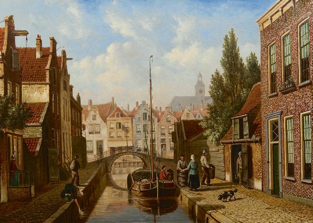 Oene Romkes de Jongh | Het uitladen van briketten aan Hollands grachtje, olieverf op doek, 52,5 x 72,0 cm, gesigneerd l.o.