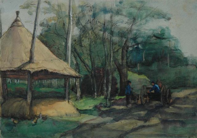 Louise Fritzlin | Boeren bij hooiberg, aquarel op papier, 17,5 x 25,1 cm, gesigneerd l.o.