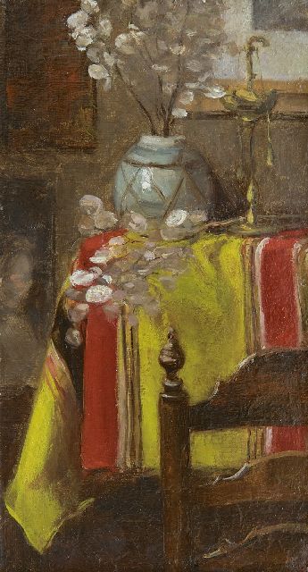 Louise Fritzlin | Stilleven met Judaspenning, olieverf op board op paneel, 21,3 x 11,8 cm