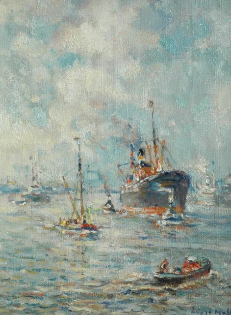 Evert Moll | Rotterdams havengezicht, olieverf op doek, 25,3 x 19,5 cm, gesigneerd r.o.