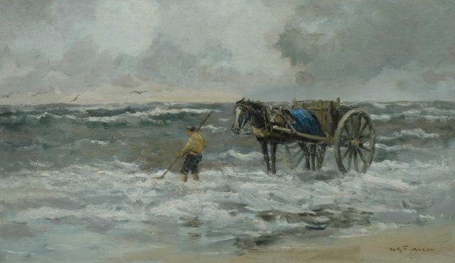 Willem George Frederik Jansen | Schelpenvisser in de branding, olieverf op doek, 59,0 x 100,2 cm, gesigneerd r.o.