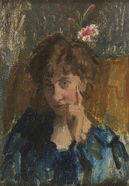 Isaac Israels | Portret van de schrijfster Jo de Wit, olieverf op paneel, 35,5 x 25,0 cm, gesigneerd r.o.