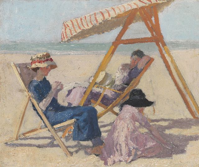 Frans Smeers | Op het strand (vrouw van de schilder met dochters Zinette en Nini); verso: Mariëtte, Margot en Zinette, dochters van de schilder, olieverf op paneel, 44,0 x 54,5 cm, gesigneerd verso