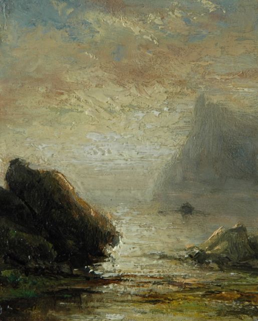 Jan H.B. Koekkoek | Rotskust bij vallende avond, olieverf op paneel, 11,1 x 9,1 cm