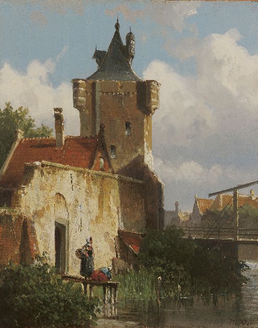 Willem Koekkoek | Figuren op een steiger bij een stadsgracht, olieverf op paneel, 20,7 x 16,5 cm, gesigneerd r.o. met initialen en verso voluit